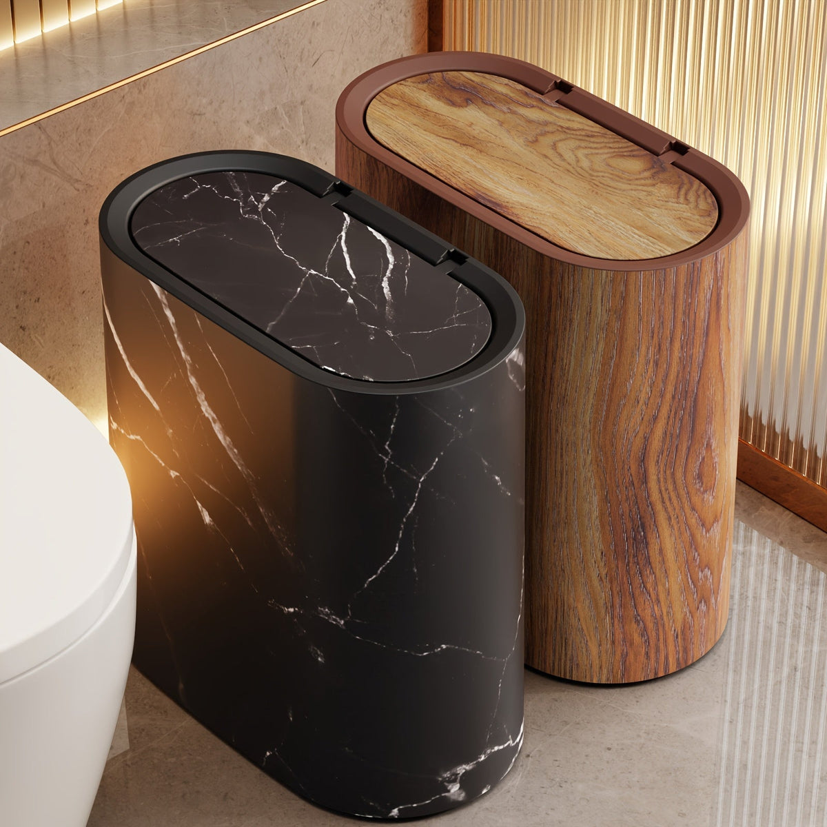 Cestino Effetto Marmo con Coperchio per Bagno e Cucina