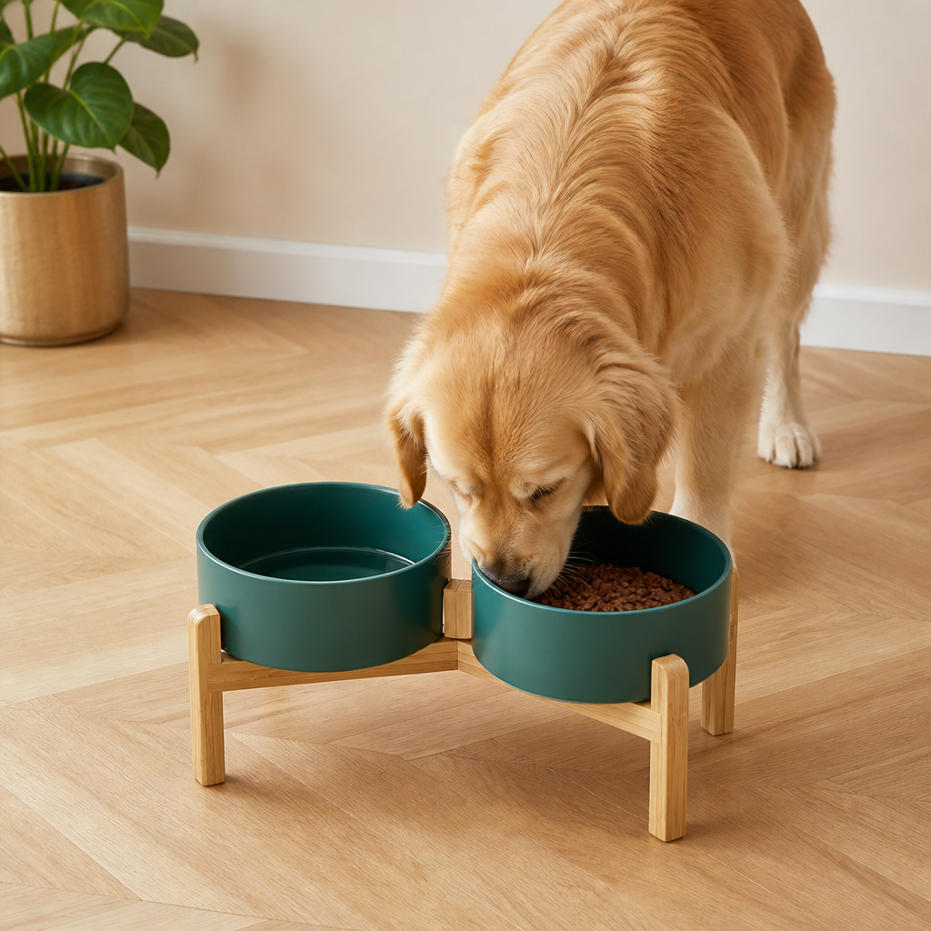 Ciotole doppie in ceramica con supporto rialzato in legno per cani