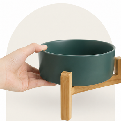Ciotole doppie in ceramica con supporto rialzato in legno per cani