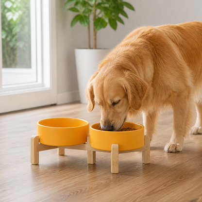 Ciotole doppie in ceramica con supporto rialzato in legno per cani