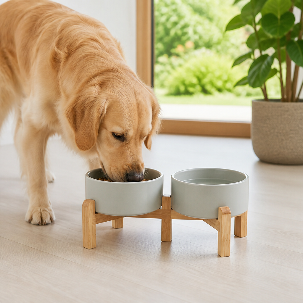 Ciotole doppie in ceramica con supporto rialzato in legno per cani