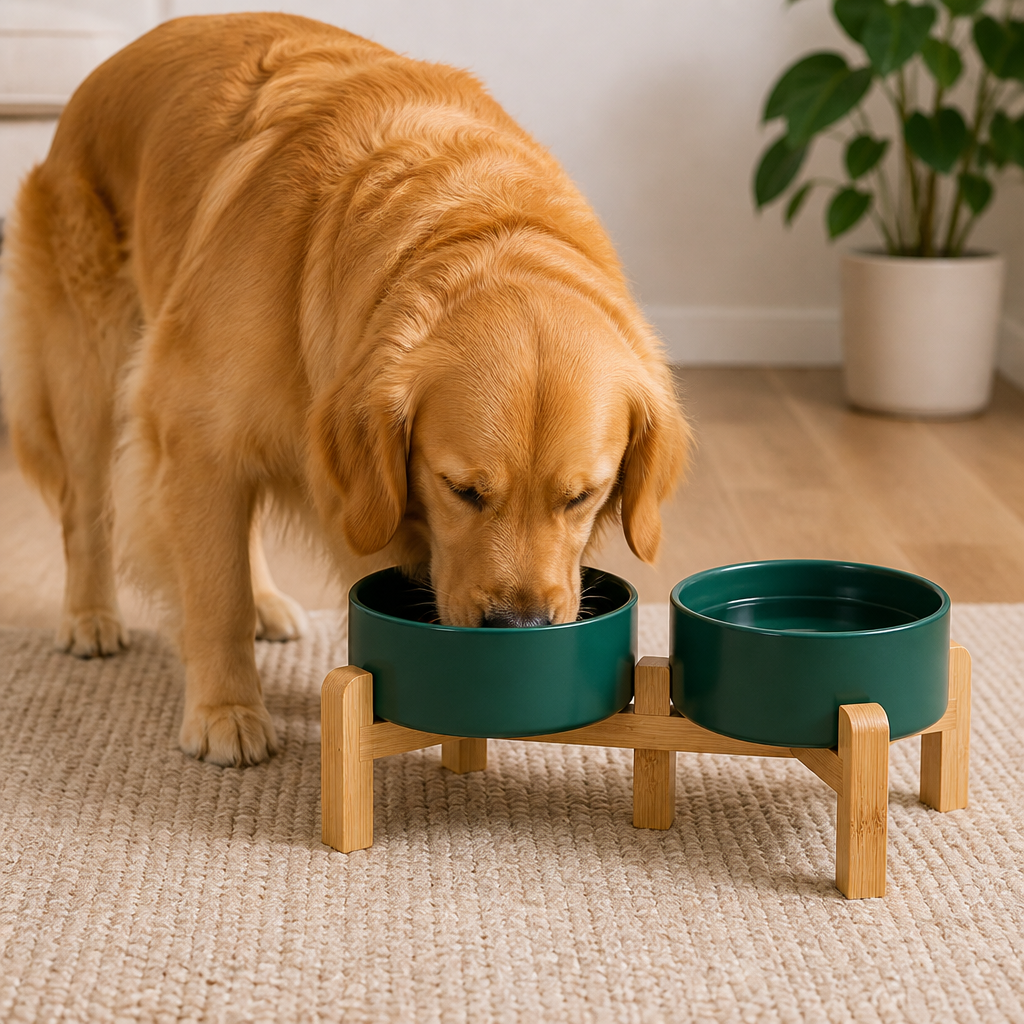 Ciotole doppie in ceramica con supporto rialzato in legno per cani