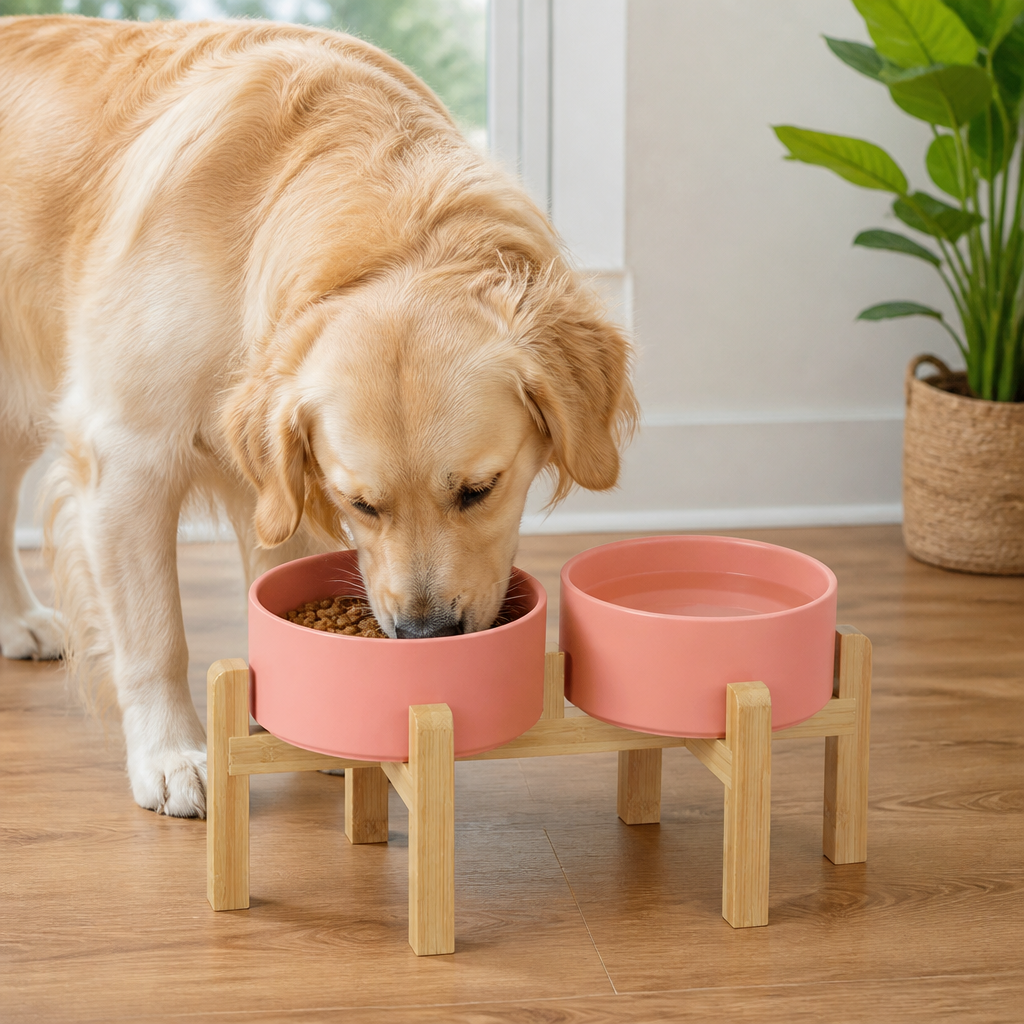 Ciotole doppie in ceramica con supporto rialzato in legno per cani