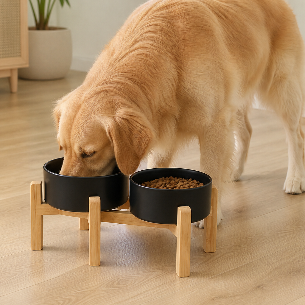 Ciotole doppie in ceramica con supporto rialzato in legno per cani