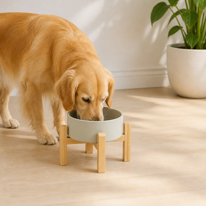 Ciotole doppie in ceramica con supporto rialzato in legno per cani