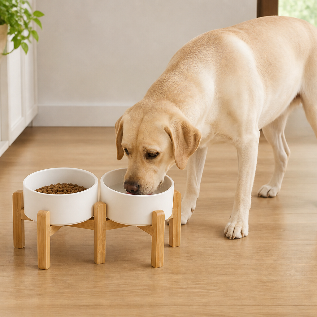 Ciotole doppie in ceramica con supporto rialzato in legno per cani
