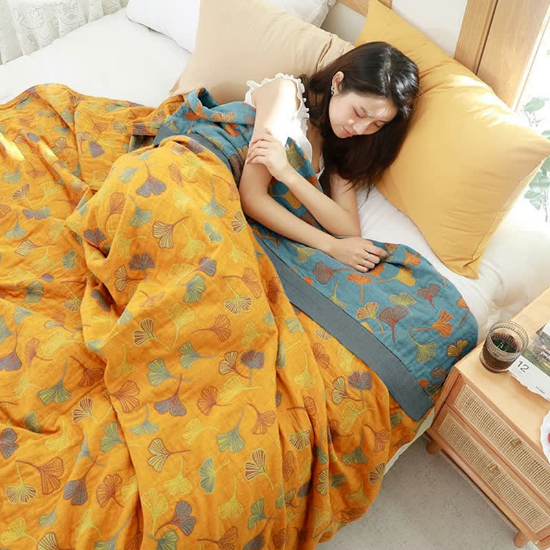 Coperta reversibile in cotone con motivo a foglie di ginkgo per camera da letto