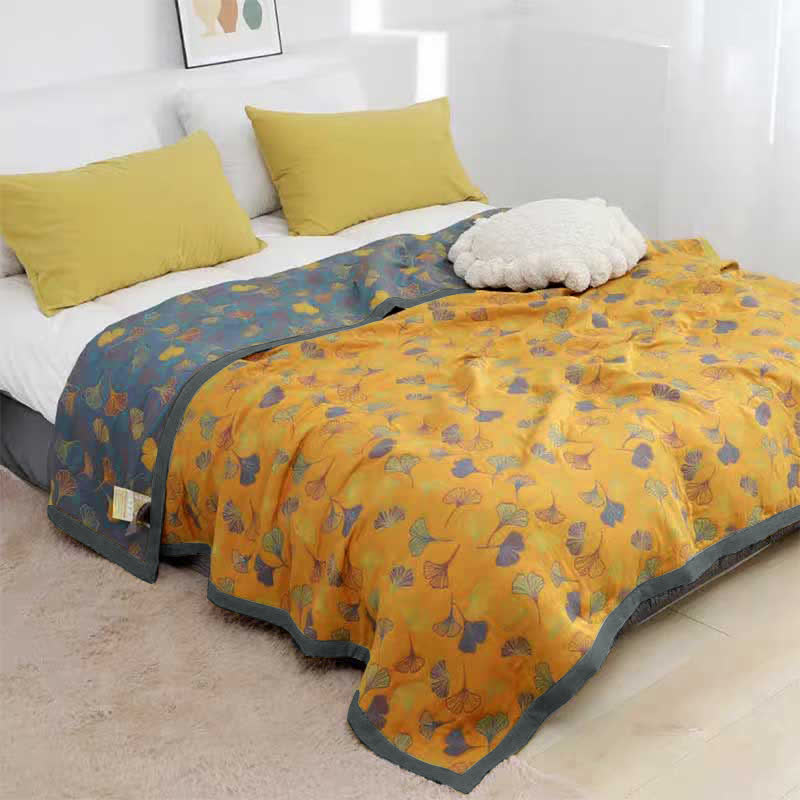 Coperta reversibile in cotone con motivo a foglie di ginkgo per camera da letto