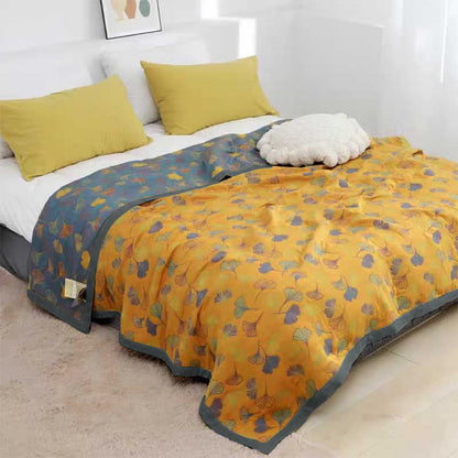 Coperta reversibile in cotone con motivo a foglie di ginkgo per camera da letto