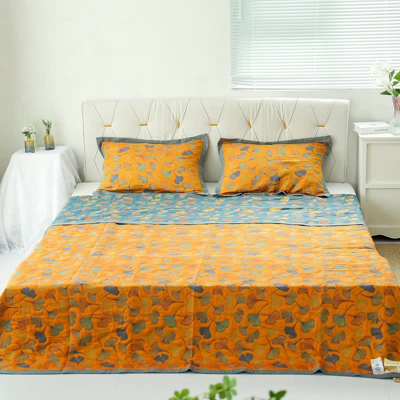 Coperta reversibile in cotone con motivo a foglie di ginkgo per camera da letto