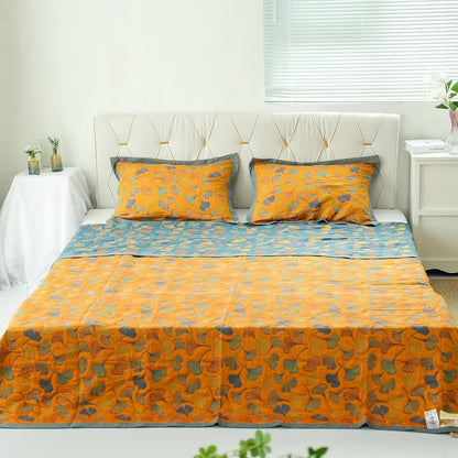 Coperta reversibile in cotone con motivo a foglie di ginkgo per camera da letto
