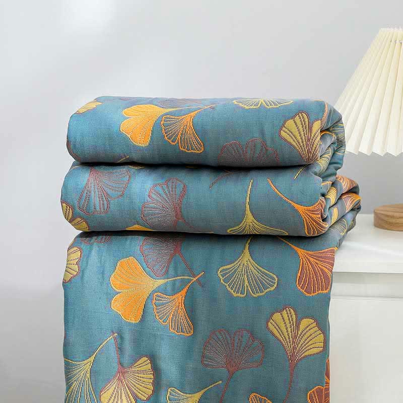 Coperta reversibile in cotone con motivo a foglie di ginkgo per camera da letto