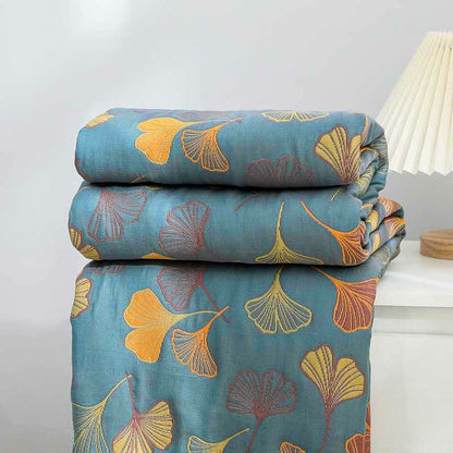 Coperta reversibile in cotone con motivo a foglie di ginkgo per camera da letto
