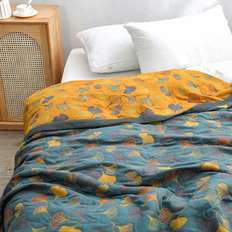 Coperta reversibile in cotone con motivo a foglie di ginkgo per camera da letto