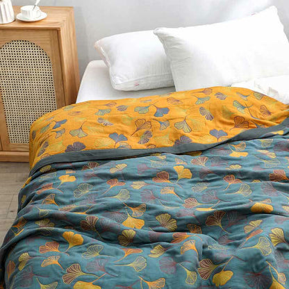 Coperta reversibile in cotone con motivo a foglie di ginkgo per camera da letto