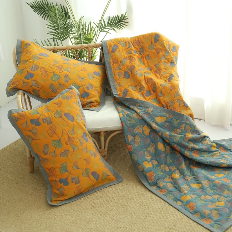 Coperta reversibile in cotone con motivo a foglie di ginkgo per camera da letto