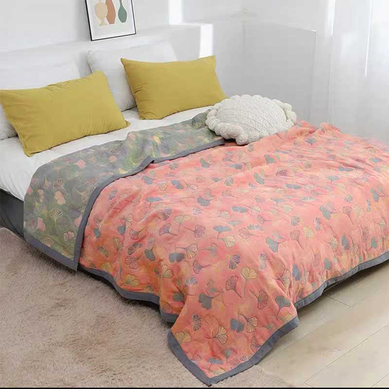 Coperta reversibile in cotone con motivo a foglie di ginkgo per camera da letto