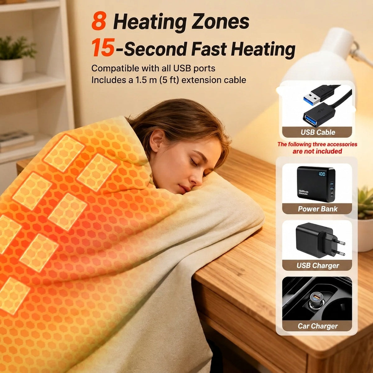 Coperta riscaldata elettrica con 3 livelli di calore, 8 zone riscaldanti, alimentazione USB, lavabile e powerbank inclus