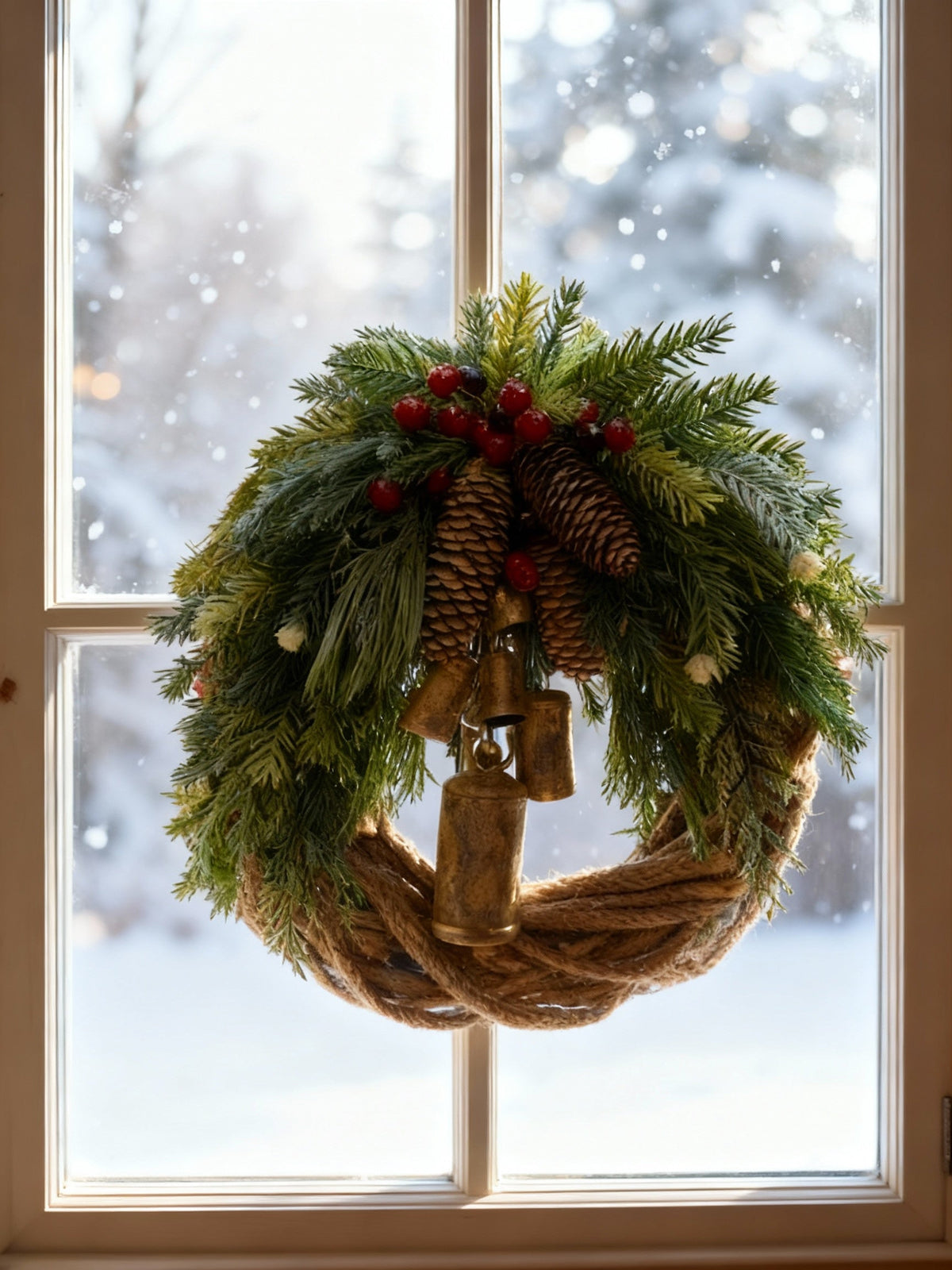 Corona invernale bohémien fatta a mano con campanelli, pigne e bacche – 43 cm – interno/esterno
