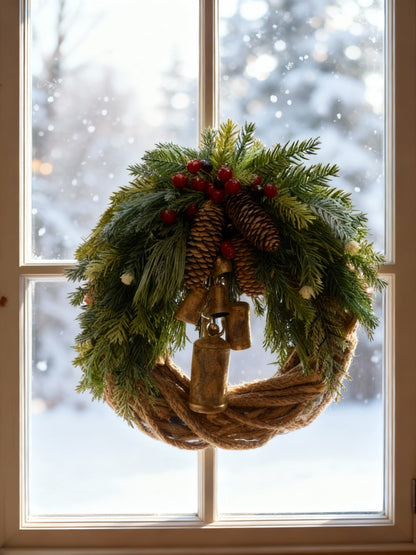 Corona invernale bohémien fatta a mano con campanelli, pigne e bacche – 43 cm – interno/esterno
