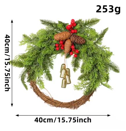 Corona invernale bohémien fatta a mano con campanelli, pigne e bacche – 43 cm – interno/esterno