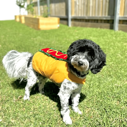 Costume da hot dog per cani, outfit Halloween monopezzo con cinghie regolabili in velcro, taglie XS–2XL