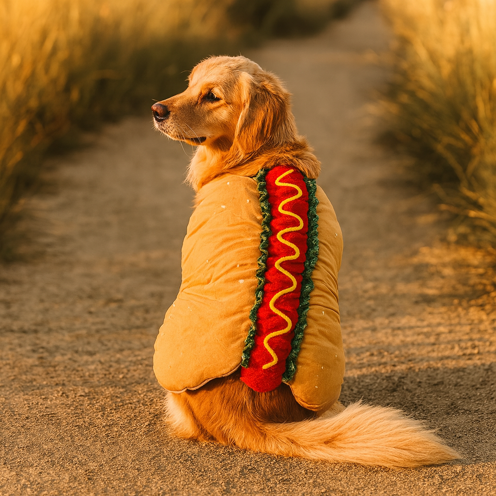 Costume da hot dog per cani, outfit Halloween monopezzo con cinghie regolabili in velcro, taglie XS–2XL