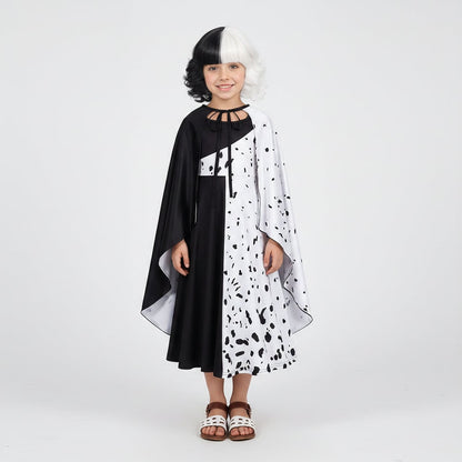 Costume Halloween bambina, vestito a pois Dalmata bianco e nero con mantello, poliestere, maschera con piume e parrucca 