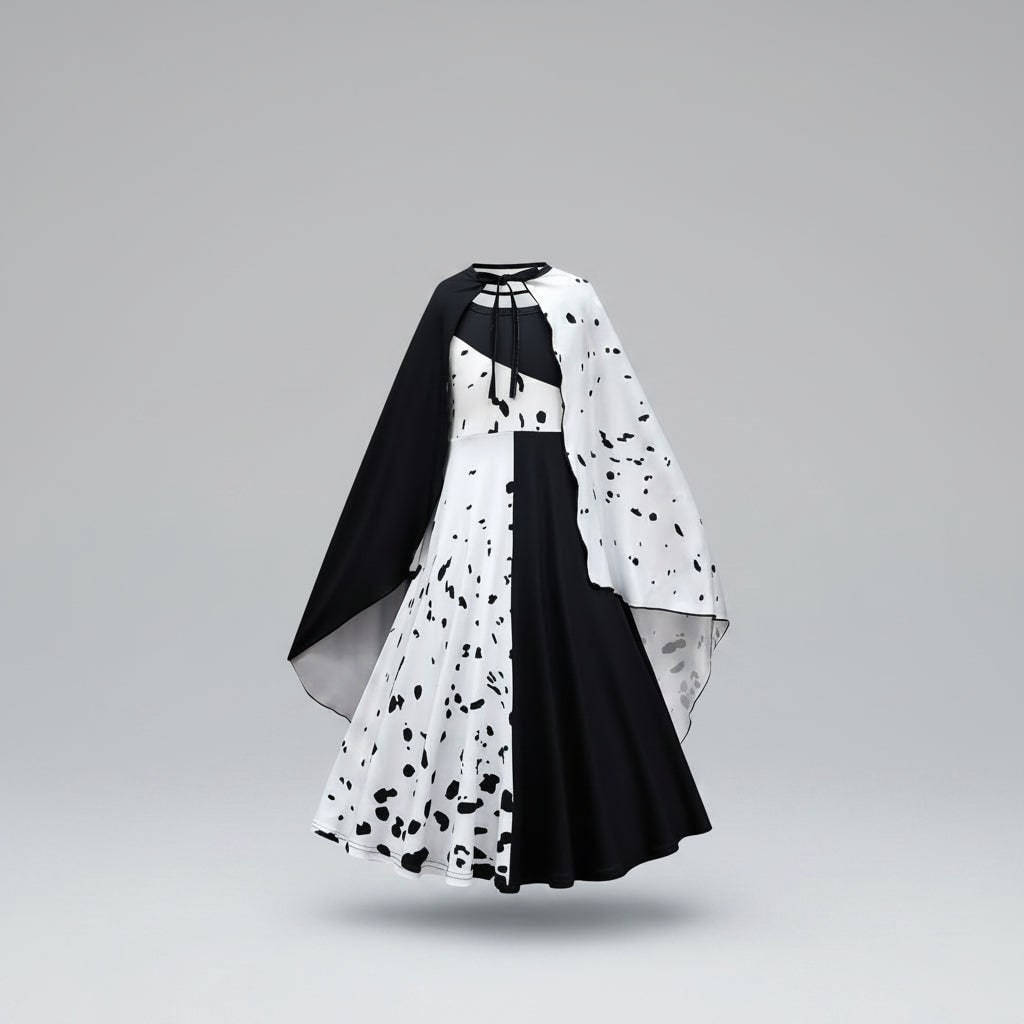 Costume Halloween bambina, vestito a pois Dalmata bianco e nero con mantello, poliestere, maschera con piume e parrucca 