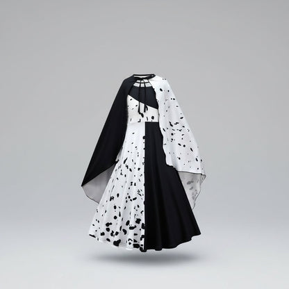 Costume Halloween bambina, vestito a pois Dalmata bianco e nero con mantello, poliestere, maschera con piume e parrucca 