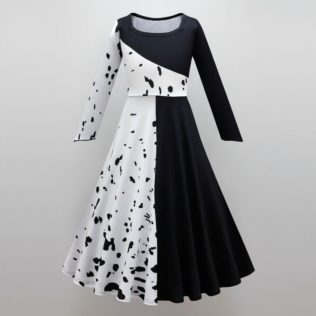 Costume Halloween bambina, vestito a pois Dalmata bianco e nero con mantello, poliestere, maschera con piume e parrucca 