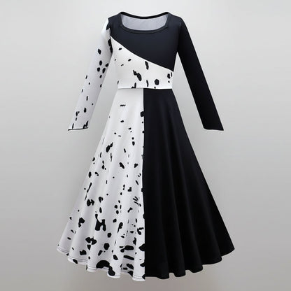 Costume Halloween bambina, vestito a pois Dalmata bianco e nero con mantello, poliestere, maschera con piume e parrucca 
