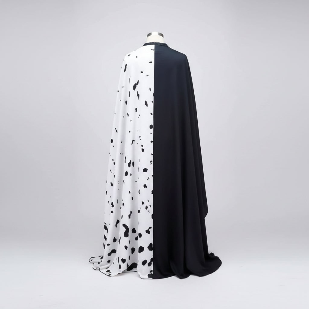 Costume Halloween bambina, vestito a pois Dalmata bianco e nero con mantello, poliestere, maschera con piume e parrucca 