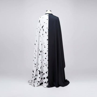 Costume Halloween bambina, vestito a pois Dalmata bianco e nero con mantello, poliestere, maschera con piume e parrucca 