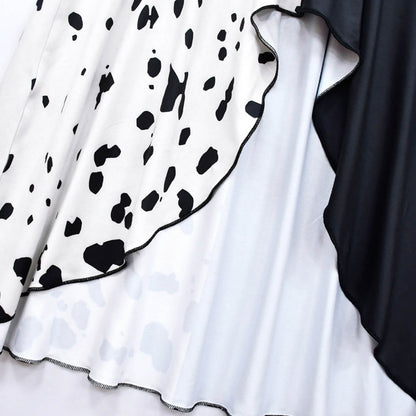 Costume Halloween bambina, vestito a pois Dalmata bianco e nero con mantello, poliestere, maschera con piume e parrucca 