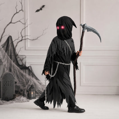 Costume Halloween Bambini Mietitore con Tunica Cappuccio e Occhi Luminosi