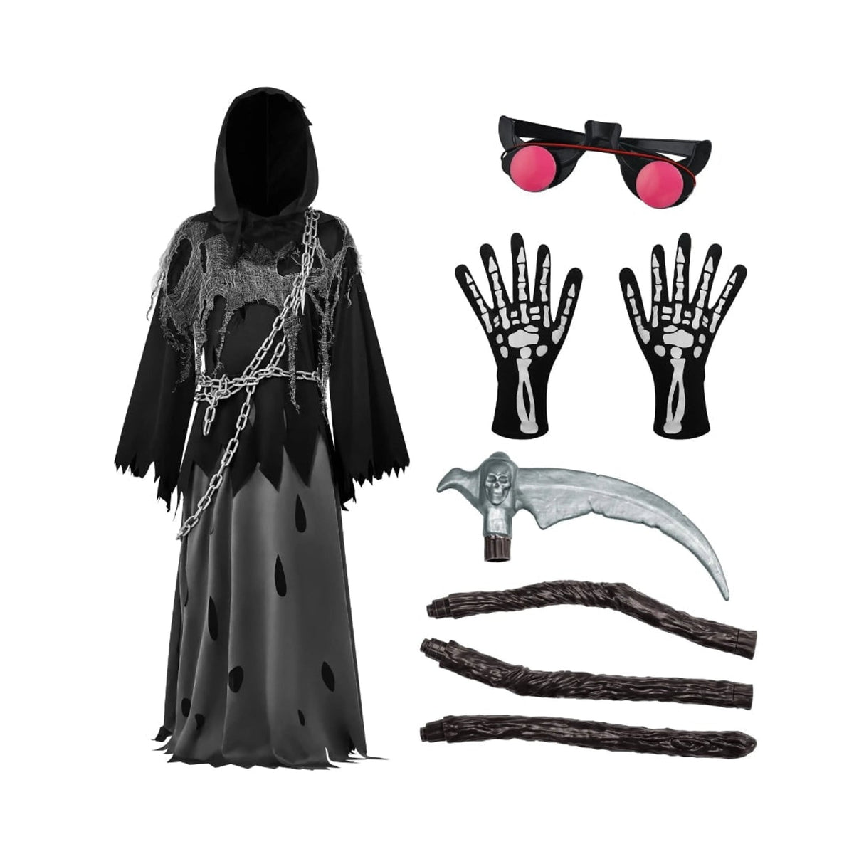 Costume Halloween Bambini Mietitore con Tunica Cappuccio e Occhi Luminosi