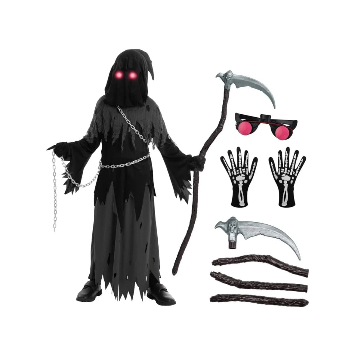 Costume Halloween Bambini Mietitore con Tunica Cappuccio e Occhi Luminosi