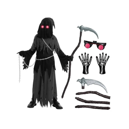 Costume Halloween Bambini Mietitore con Tunica Cappuccio e Occhi Luminosi
