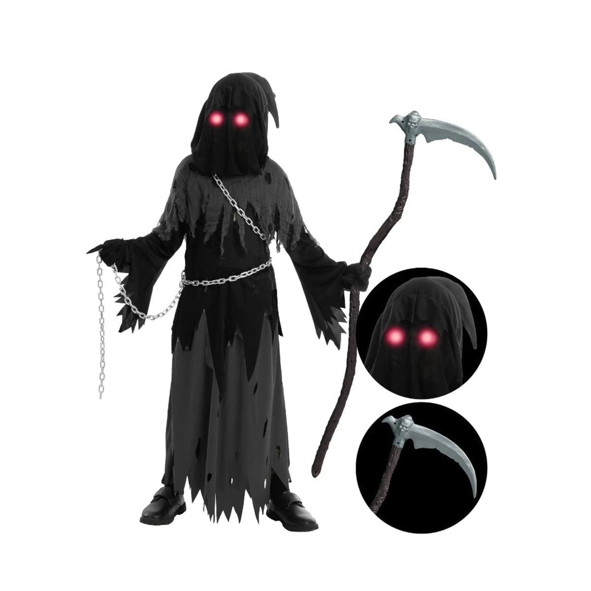 Costume Halloween Bambini Mietitore con Tunica Cappuccio e Occhi Luminosi