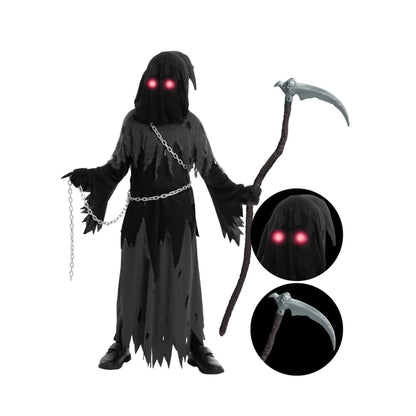 Costume Halloween Bambini Mietitore con Tunica Cappuccio e Occhi Luminosi