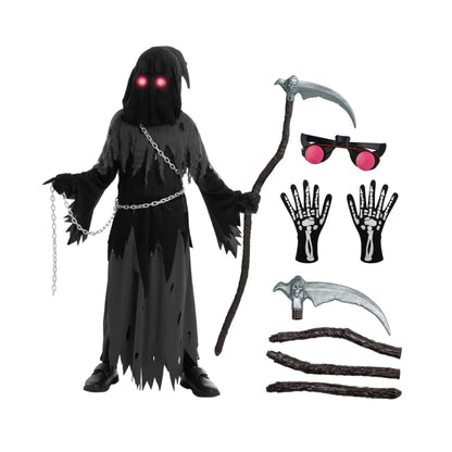 Costume Halloween Bambini Mietitore con Tunica Cappuccio e Occhi Luminosi