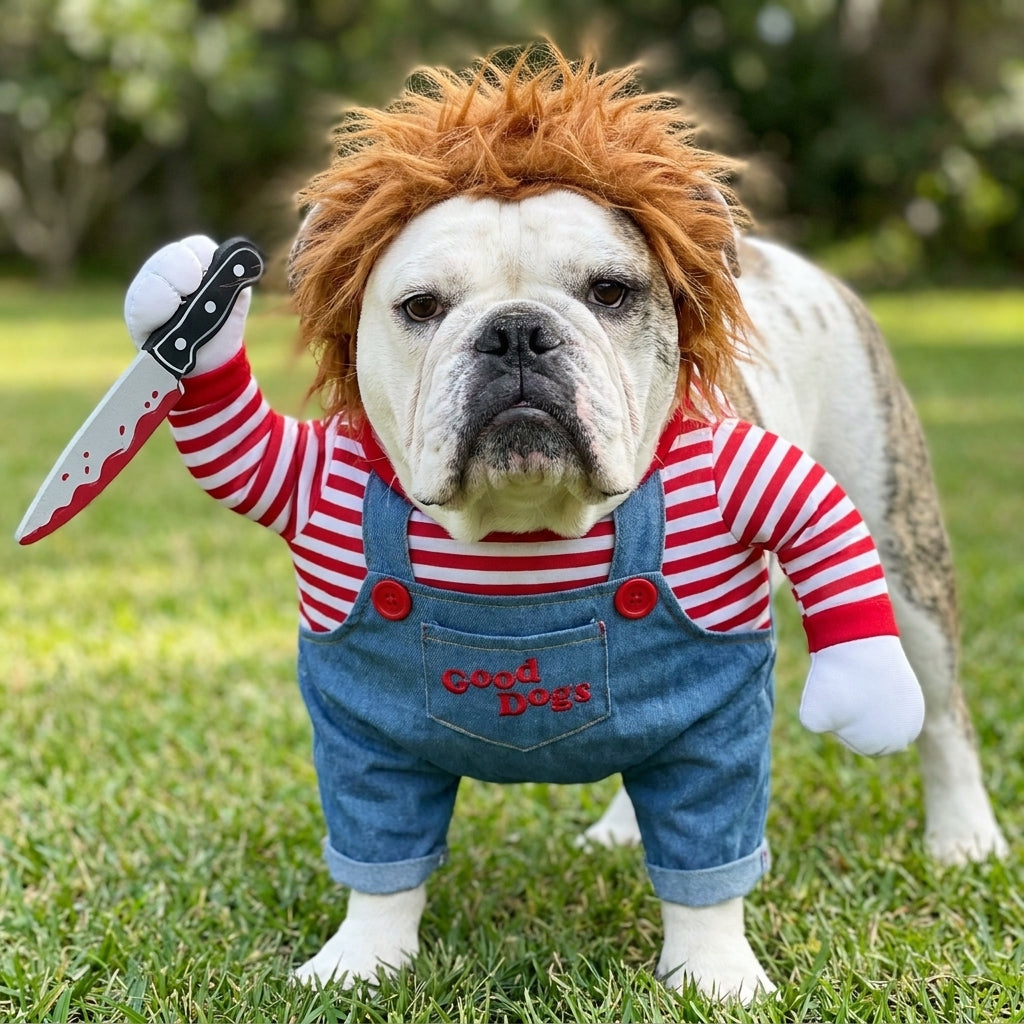 Costume di Halloween per cani con parrucca e coltello finto