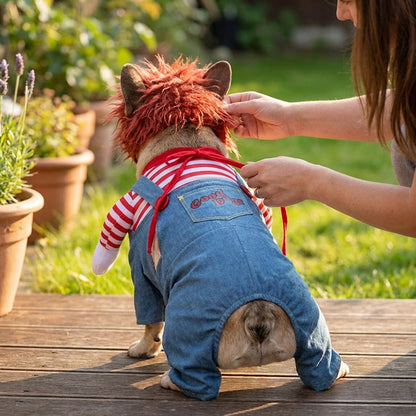 Costume di Halloween per cani con parrucca e coltello finto