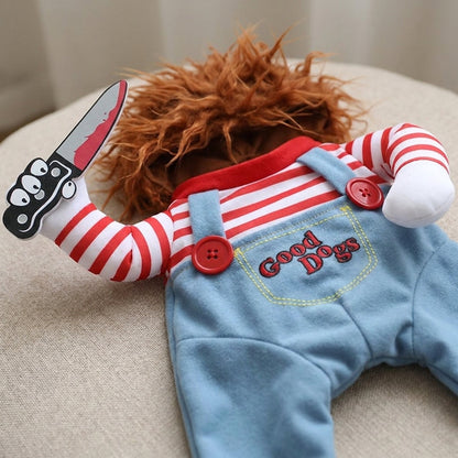 Costume di Halloween per cani con parrucca e coltello finto