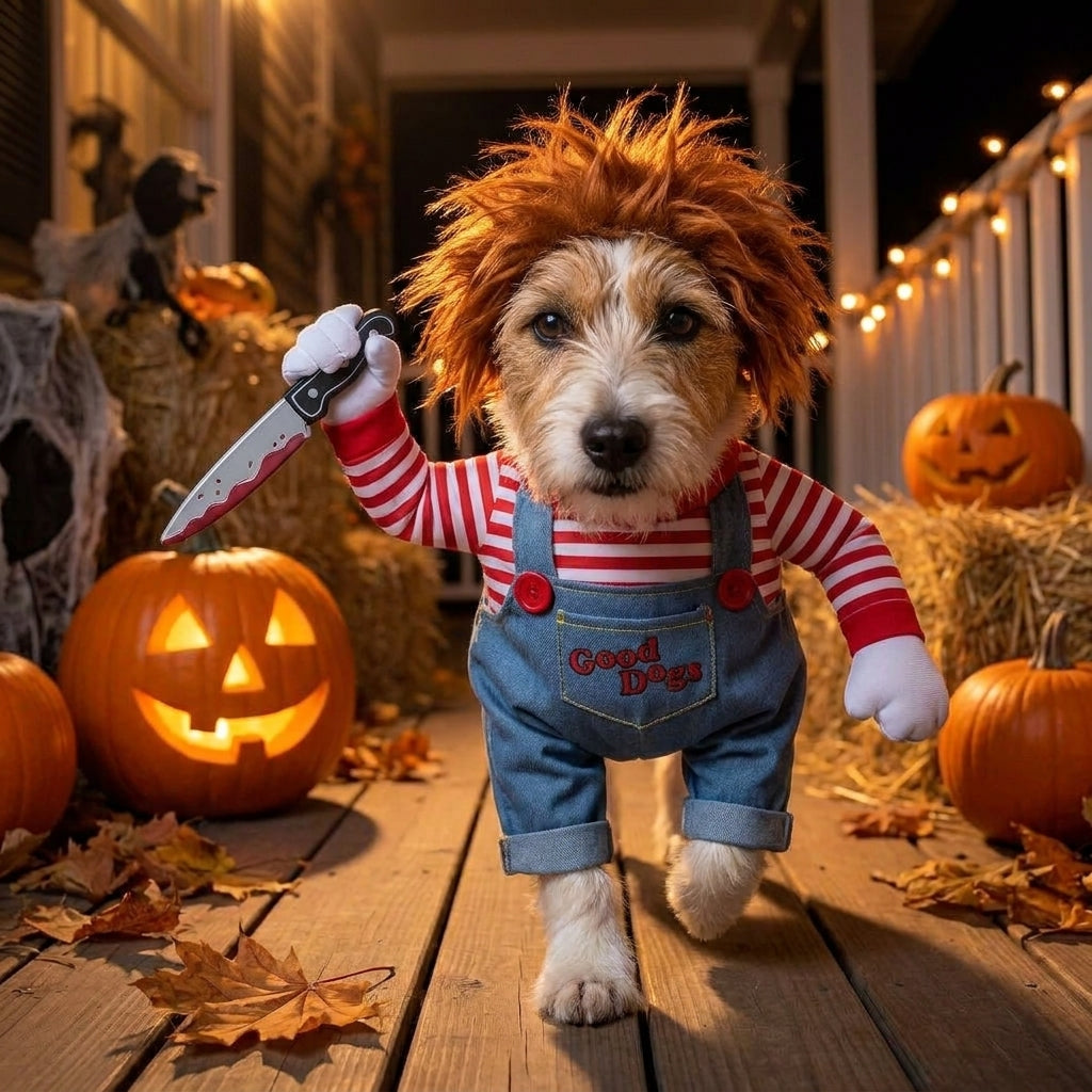 Costume di Halloween per cani con parrucca e coltello finto