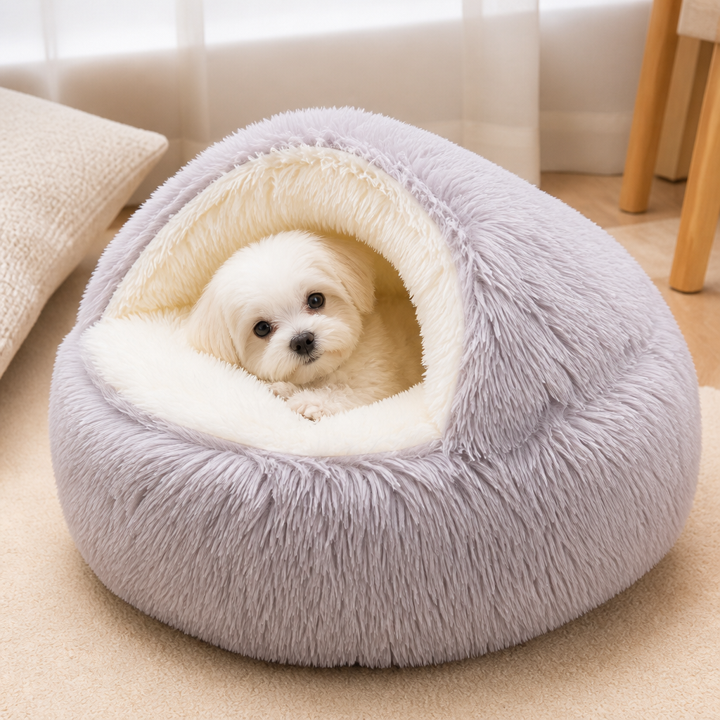 Cuccia semi-chiusa in peluche per animali domestici (cuscino rimovibile e lavabile)