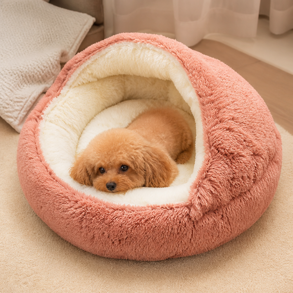 Cuccia semi-chiusa in peluche per animali domestici (cuscino rimovibile e lavabile)