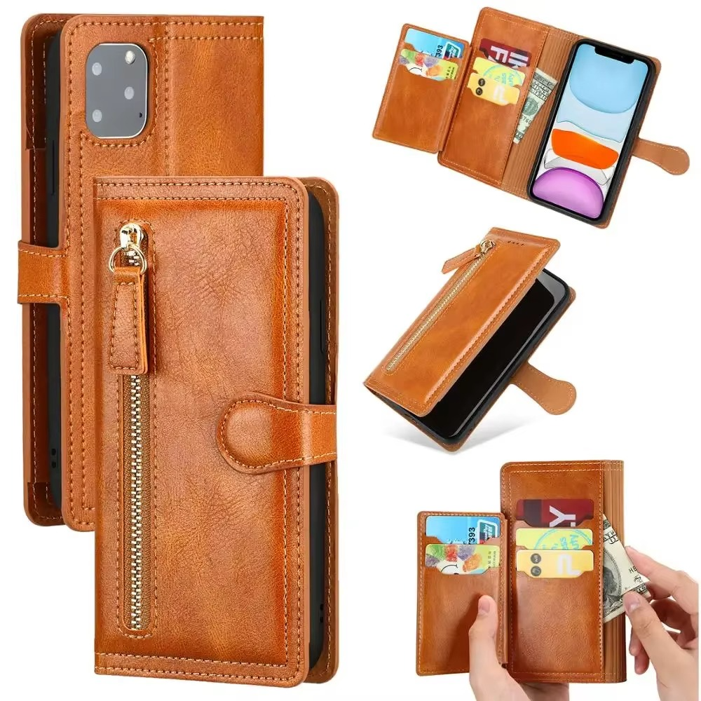 Custodia portafoglio per iPhone con cerniera, supporto integrato e scomparti per carte