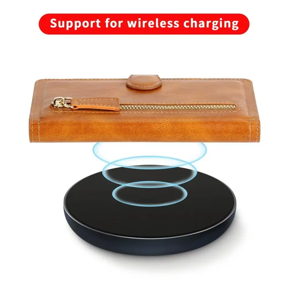 Custodia portafoglio per iPhone con cerniera, supporto integrato e scomparti per carte